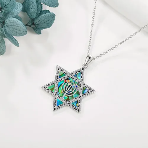 Vista 3 de URONE Star of David Necklace Sterling Silver Star of David Abalone ShellMoss Agate Pendant Necklace Jewish Star Jewelry Gifts for Women