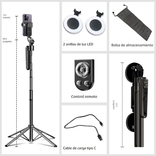 Vista 7 de Trípode para selfie stick de seguimiento automático de cara para iPhone con luz, soporte de trípode para cámara de teléfono de 70.9 pulgadas