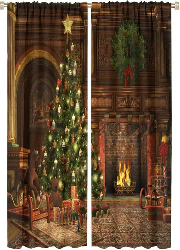 Vista 19 de Cortina opaca de Navidad para ventana, campanas de Navidad, festivales, decoración de atmósfera, cortina para sala de estar, habitación