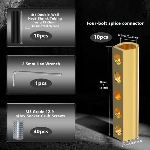 Vista 2 de GKG Kit de tuercas de conectores de alambre de calibre 10-6 AWG, terminales de conexión de cableado de latón 80A con extremo termorretráctil
