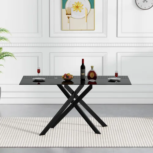 Vista 3 de Mesa de comedor de vidrio negro de 51.2 pulgadas para 4, mesa rectangular de comedor de cocina para 4, mesa rectangular de vidrio templado de 0.32