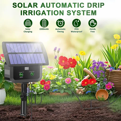 Vista 2 de Kit de sistema de riego por goteo solar con pantalla LCD, 30 modos de trabajo y 10 intervalos de riego, kit de riego por goteo alimentado por