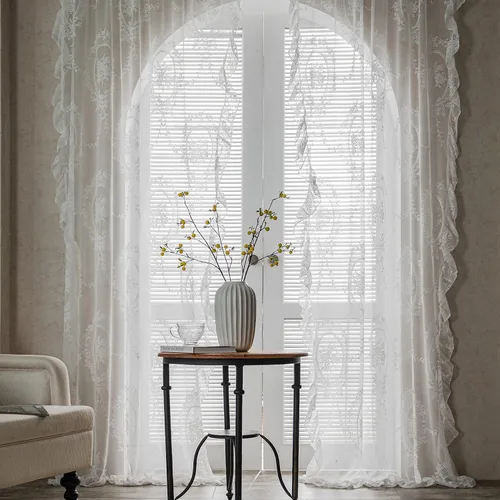 Vista 19 de Sutuo Home Juego de 2 cortinas de encaje beige, paneles transparentes de 63 pulgadas de largo, bordado floral de rosas, tratamiento de ventana