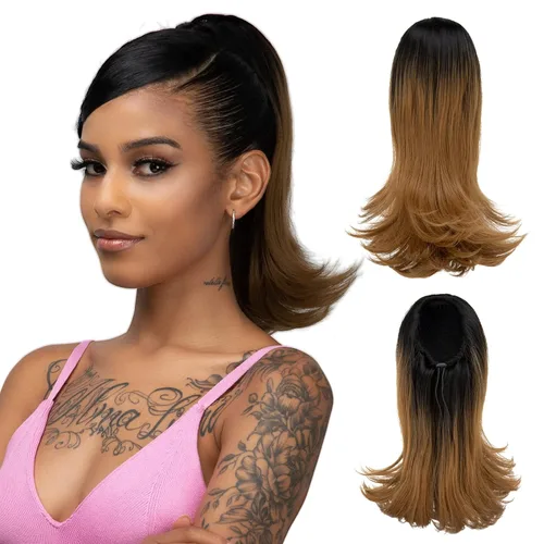 Vista 16 de Extensiones de cabello rizado con cordón para mujeres negras, 16 pulgadas de largo, sintético, afro, esponjoso, en capas, extensión de cola