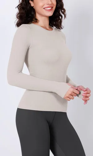 Vista 2 de ODODOS Paquete de 2 camisetas de manga larga sin costuras con agujero para el pulgar para mujer, cuello redondo, camisetas acanaladas