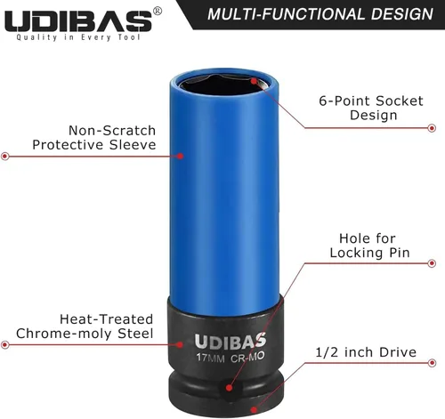 Vista 3 de Llave de tuerca de impacto de 17 mm de 1/2 pulgada, profunda, métrica, con fundas protectoras y material CR-MO de alta resistencia que no deja marcas