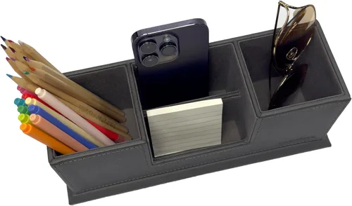 Vista 7 de UnionBasic - Organizador de escritorio de cuero sintético con 4 compartimentos, para tarjetas, bolígrafos, lápices, teléfonos celulares, suministros