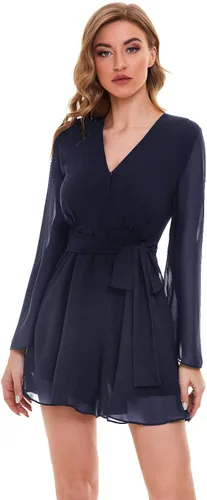 Vista 4 de SUGAR POISON Mono casual de manga larga para mujer, con dobladillo con volantes, cuello en V profundo