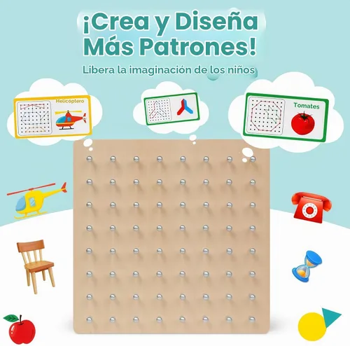 Vista 3 de Tablero geométrico de madera para niños - Juguete educativo Montessori STEM con tarjetas de patrones y bandas de goma, rompecabezas de formas