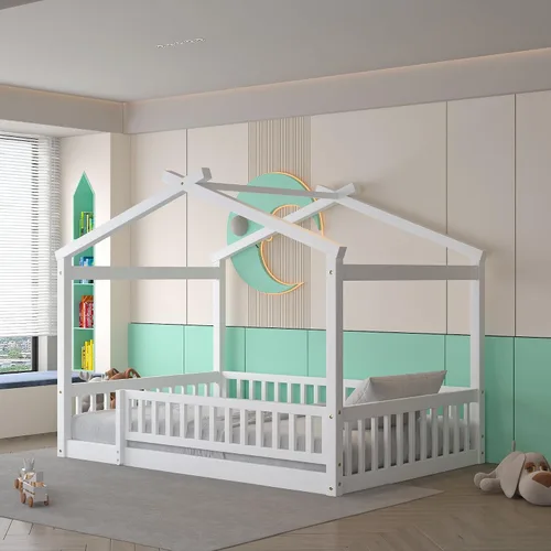 Vista 13 de Cama con dosel con valla, moderna cama de plataforma de madera maciza con cabecera y soporte de listones, moderna cama con paneles de 4 carteles Gris
