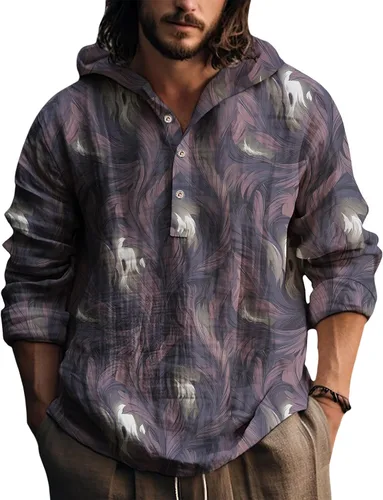 Vista 10 de Sudadera con capucha para hombre, con estampado de plumas, manga larga, 3 botones, a la moda, casual, para otoño, cómoda y suave