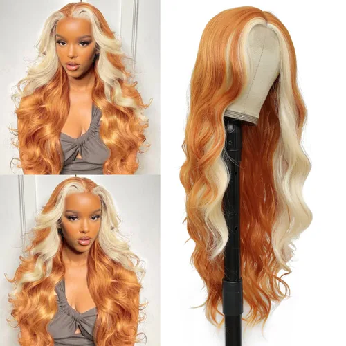 Vista 7 de Peluca de cabello sintético ondulado con encaje frontal, peluca marrón con reflejos rubios, pelucas largas onduladas de 28 pulgadas para mujeres