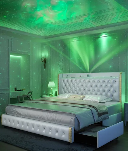 Vista 11 de GEGOFORU Base de cama Queen con luces LED y proyector de galaxia, moderna plataforma con respaldo alado con 4 cajones de almacenamiento, puertos