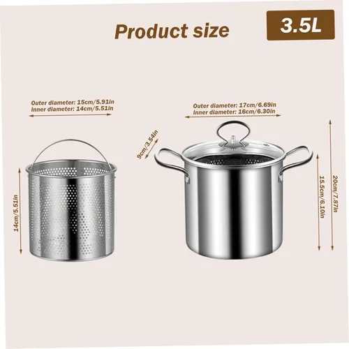 Vista 7 de Olla para freír con cesta, olla de 3.5 litros de acero inoxidable pequeña freidora profunda con mango antiquemaduras olla de pescado y cesta