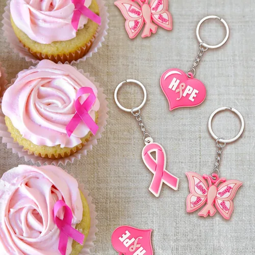 Vista 6 de Taiyin Breast Cancer Awareness Gifts Pink Breast Cancer Keychain Bulk Pink Ribbon Butterfly Heart Keychains Breast Cancer