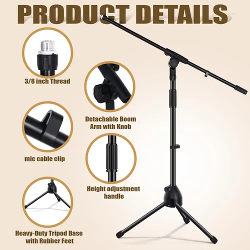 Vista 3 de Tellegloww 1 soporte para micrófono, trípode, brazo de brazo, podio, estudio, altura ajustable, 75 pulgadas, extiende el brazo a 27 pulgadas, viene