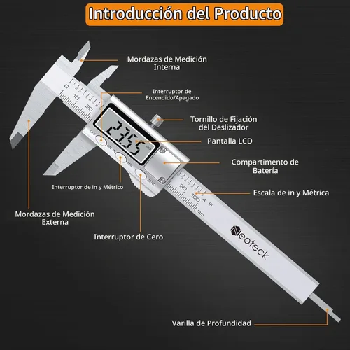 Vista 6 de Neoteck calibrador digital de 4 pulgadas/100 mm, calibradores electrónicos de acero inoxidable, herramienta de medición con conversión