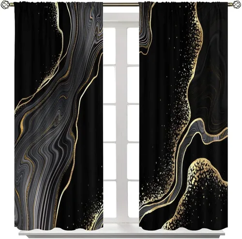 Vista 43 de Cortinas Negras con Dobladillo Dorado, Cortinas Opacas con Bolsillo para Barra con Estampado de Rayas de Foil en Onda Dorada para Decoración de Negro