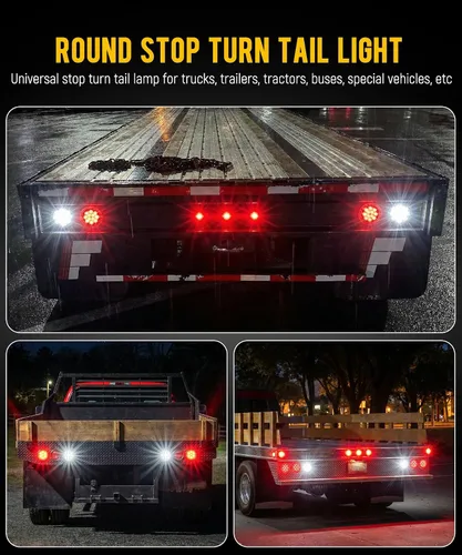 Vista 5 de Partsam 10 luces traseras LED redondas rojas de 3.9 in, 12 LED, montaje en brida de acero inoxidable, bisel cromado, resistente al agua, luces