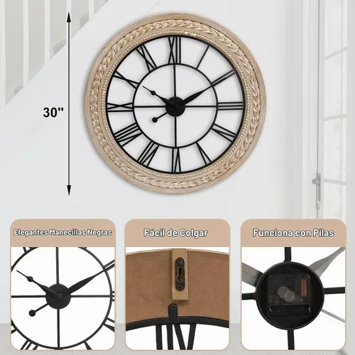 Vista 2 de RiteSune Reloj de pared de 30 pulgadas de decoración, relojes de pared de granja que funcionan con pilas, silenciosos, relojes grandes de bambú