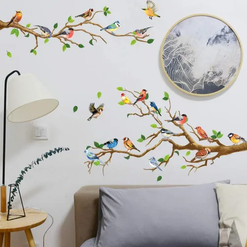 Vista 3 de Runtoo Calcomanías de pared de pájaros, ramas de árbol, calcomanías de pared para dormitorio, sala de estar, baño, decoración de pared