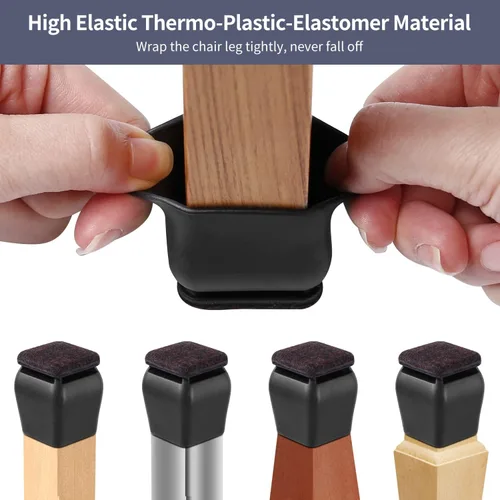 Vista 6 de Ezprotekt 24 protectores cuadrados de silicona para patas de silla para suelos de madera, almohadillas de fieltro negro para muebles, fundas