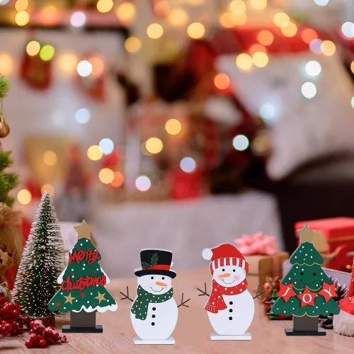 Vista 8 de DECSPAS Decoraciones navideñas para interiores, 4 piezas de árboles de Navidad de madera y muñecos de nieve para decoración de mesa de centro