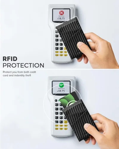 Vista 5 de VULKIT Cartera desplegable para tarjetas de crédito con ranuras de cuero adicionales con bloqueo RFID, funda delgada de metal para tarjetas, Carbon