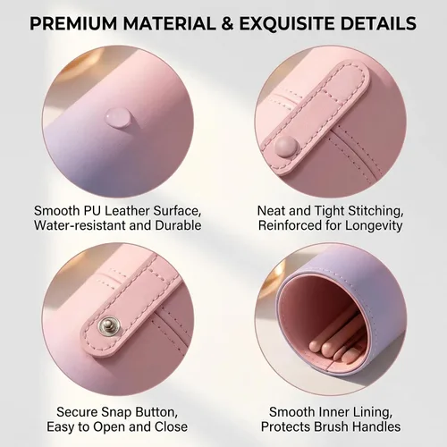 Vista 3 de VASANA Organizador de brochas de maquillaje de piel sintética rosa con tapa, herramientas de maquillaje portátiles, estuche organizador de gran
