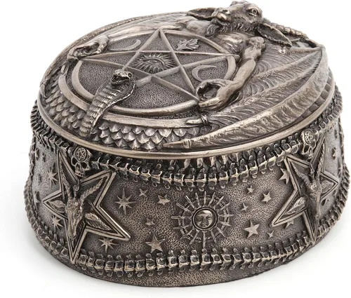Vista 8 de Veronese Design Wiccan Pentagram Baphomet Oval en forma de caja de baratija Escultura de resina Acabado de bronce