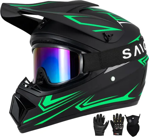 Vista 9 de Casco para jóvenes y niños de motocross, casco para adultos de ATV y bicicleta de tierra con gafas, guantes y máscara, casco de motocicleta de cara