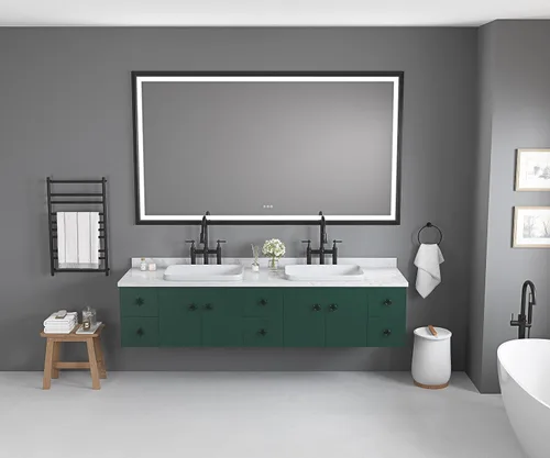 Vista 7 de Espejo LED rectangular de gran tamaño con marco negro de 84 pulgadas de ancho x 48 pulgadas de alto, espejo LED antiniebla regulable para montaje