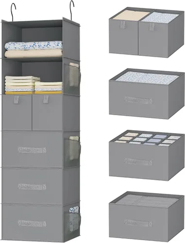 Vista 10 de Organizador de armario colgante de 6 estantes con 5 cajones, almacenamiento no tejido, negro Spacious compartments sort clothes & undergarments