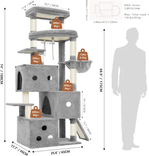 Vista 7 de Heybly Árbol para gatos, torre aerodinámica de 74 pulgadas para gatos grandes con condominios apilados de 3 niveles, muebles para gatos con percha