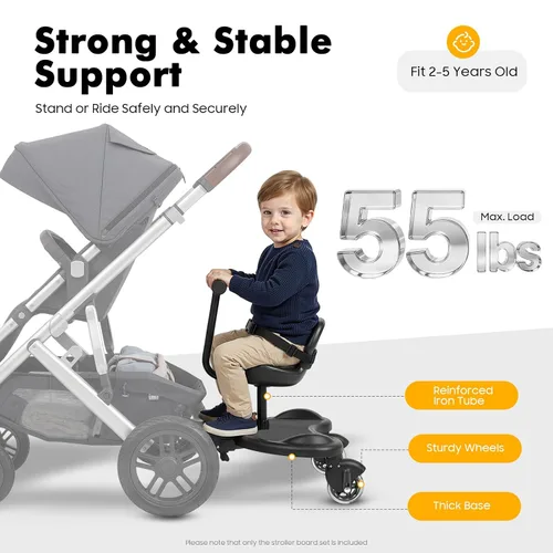 Vista 4 de Tabla universal para cochecito con asiento de silla y plataforma de pie, diseño ajustable, cochecito para sentarse y pararse, para diferentes