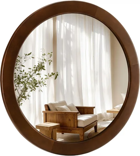 Vista 24 de Espejos redondos de 24 pulgadas, espejo rústico de pared de tocador de madera con marco de madera, espejo circular de madera para baño, dormitorio