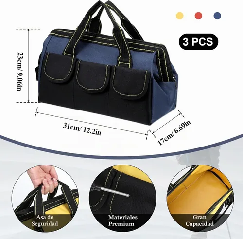 Vista 2 de Paquete de 3 bolsas de herramientas de boca ancha, organizador de herramientas eléctricas impermeables de 13 pulgadas, bolsa de taladro resistente
