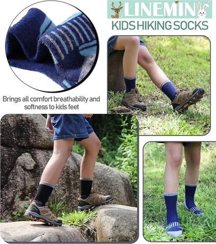 Vista 3 de LINEMIN Calcetines de senderismo de lana merino para niños y niñas, cálidos, gruesos, térmicos, acolchados, para invierno, 6 pares