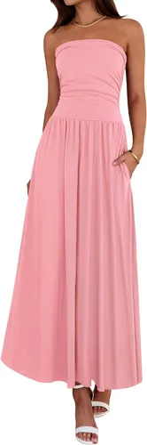Vista 14 de BTFBM Vestidos largos de verano para mujer, vestido sin tirantes Marrón