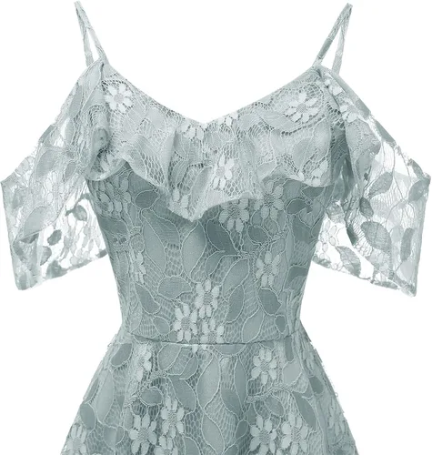Vista 5 de 2021 Women's Floral Lace Cold Shouder Dress Swing Prom Party Cocktail Dresses Ruffle Sleeve Casual Fall Midi Pleated Dress