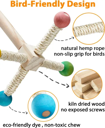 Vista 3 de Juguete de percha para pájaros, juguetes interactivos giratorios para periquitos, rueda de ejercicio de madera, juguete de loro, juguete