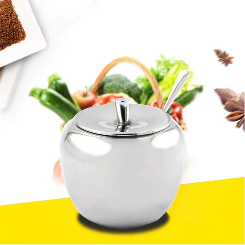 Vista 2 de Cuenco de azúcar de manzana de acero inoxidable para condimentos con tapa y cuchara