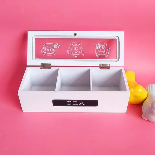 Vista 4 de White Wooden Tea Box with Top, Three Compartments