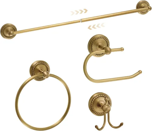 Vista 14 de Juego de 4 Piezas de Accesorios de Baño de Latón Antiguo Dorado Montados en la Pared Toallero y Anillo para Toallas y Portapapel Higiénico y Gancho