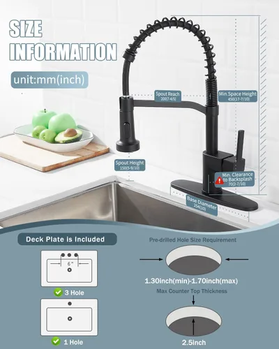 Vista 6 de Grifo de cocina negro con dispensador de jabón, grifo para fregadero de cocina, llave de fregadero de cocina con placa de cubierta, grifo de cocina