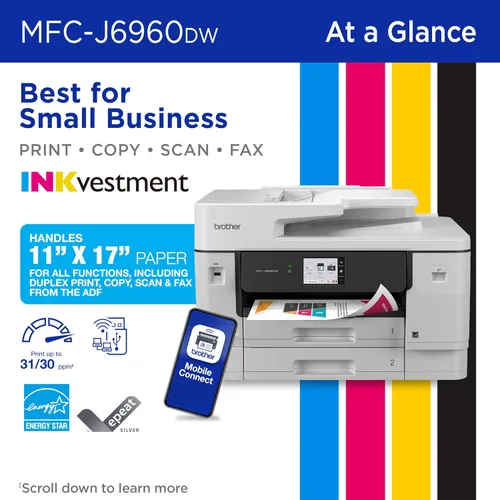 Vista 4 de Brother INKvestment 6960 Impresora inalámbrica de inyección de tinta a color todo en uno con capacidades de 11 x 17 pulgadas y pantalla táctil a