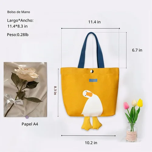 Vista 4 de Bonita bolsa de lona para mujer, bolsa de tela de algodón reutilizable para el almuerzo, compras y playa (pato amarillo de transporte a mano)