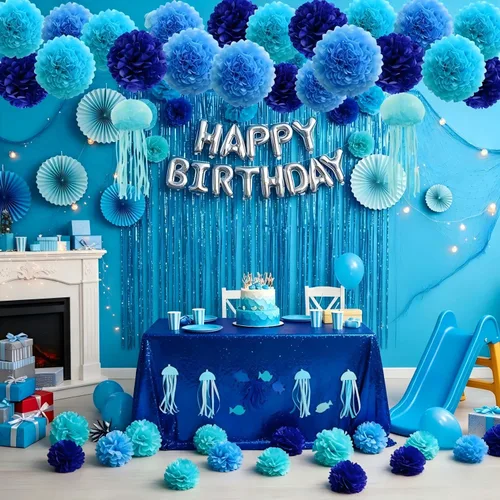 Vista 2 de 12 pompones de papel de seda azules para colgar, pompones de flores para decoración de fiesta de techo