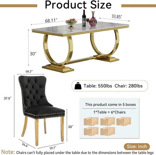 Vista 4 de Juego de mesa de comedor de mármol sintético, 7 piezas, juego de mesa de cocina y comedor para 6, mesa de comedor rectangular blanca de 70 pulgadas