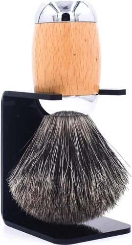 Vista 3 de Taconic Shave 's 100% mixto tejón cepillo de afeitar de lujo – madera de haya y mango cromado – Soporte de afeitar incluido